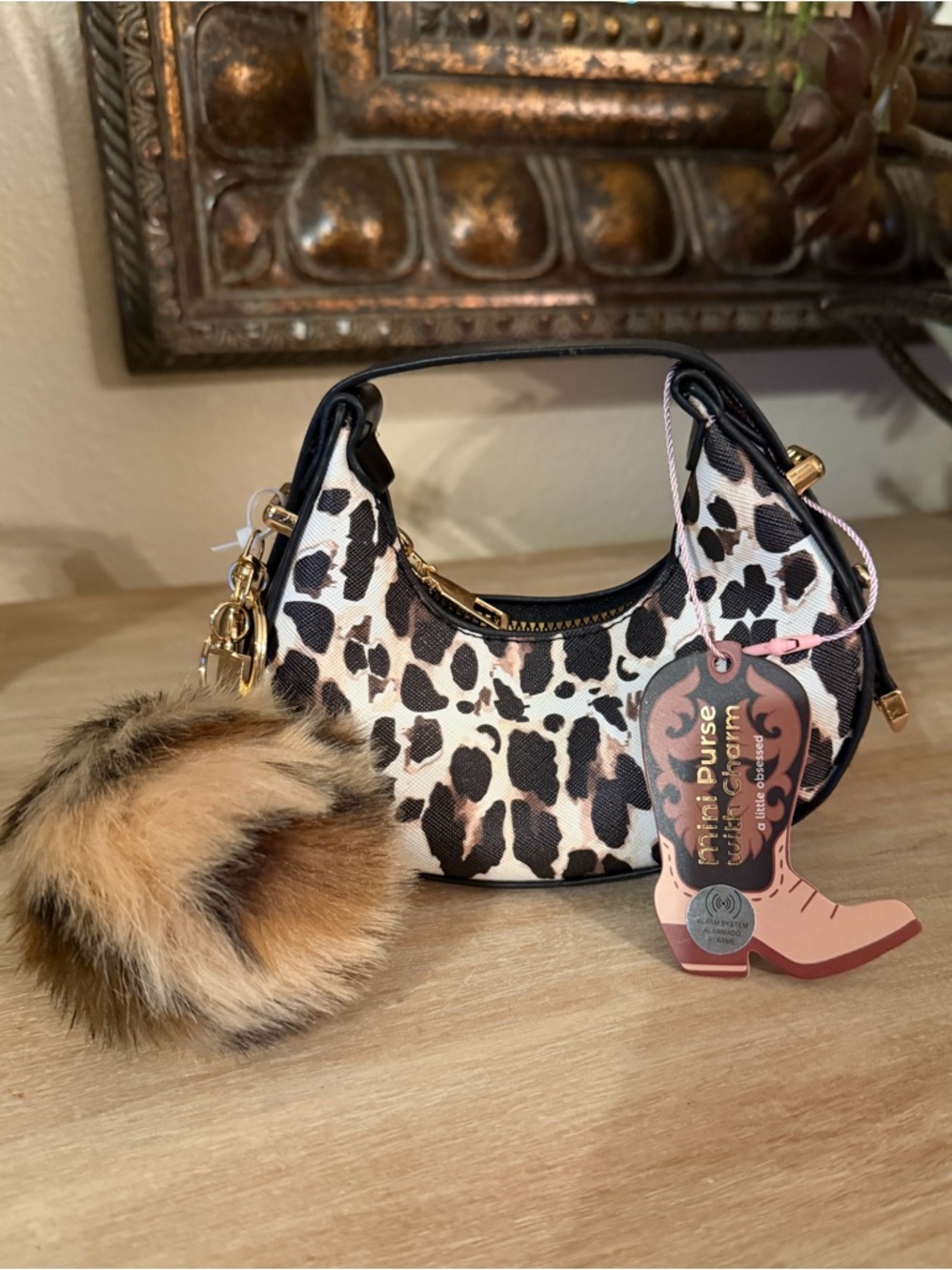 NWT Mini Purse with with Faux Fur Leopard Pom with keychain in Brown/Black